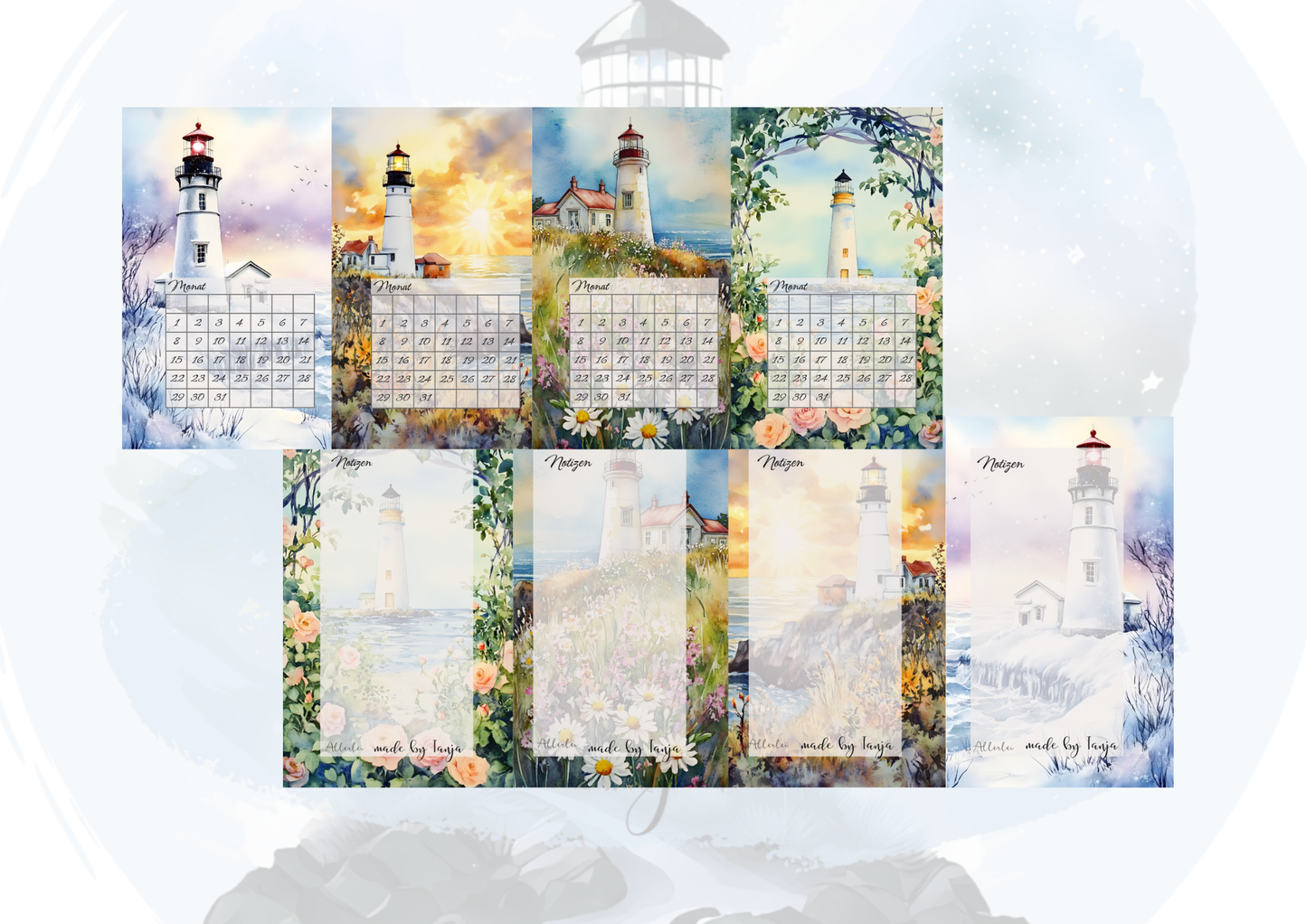 Binder Kalender im Leuchtturm Design – wiederverwendbarer Monatskalender | laminiert | mit Notizseite