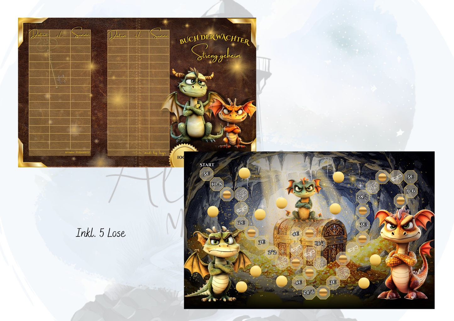 Buch der Wächter Sparchallenge – Drachen Sparspiel mit Rubbeln, Würfeln & Losen | Geld sparen Challenge | inkl. 5 Lose