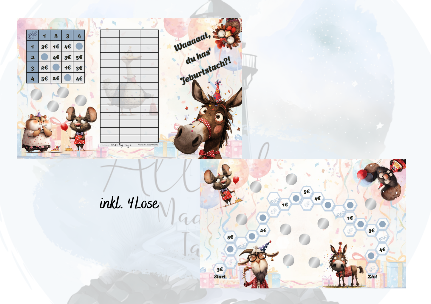 Geburtstags Sparchallenge Sparweg + Bingo | Sparspiel mit Rubbeln, Würfeln und 4 Losen