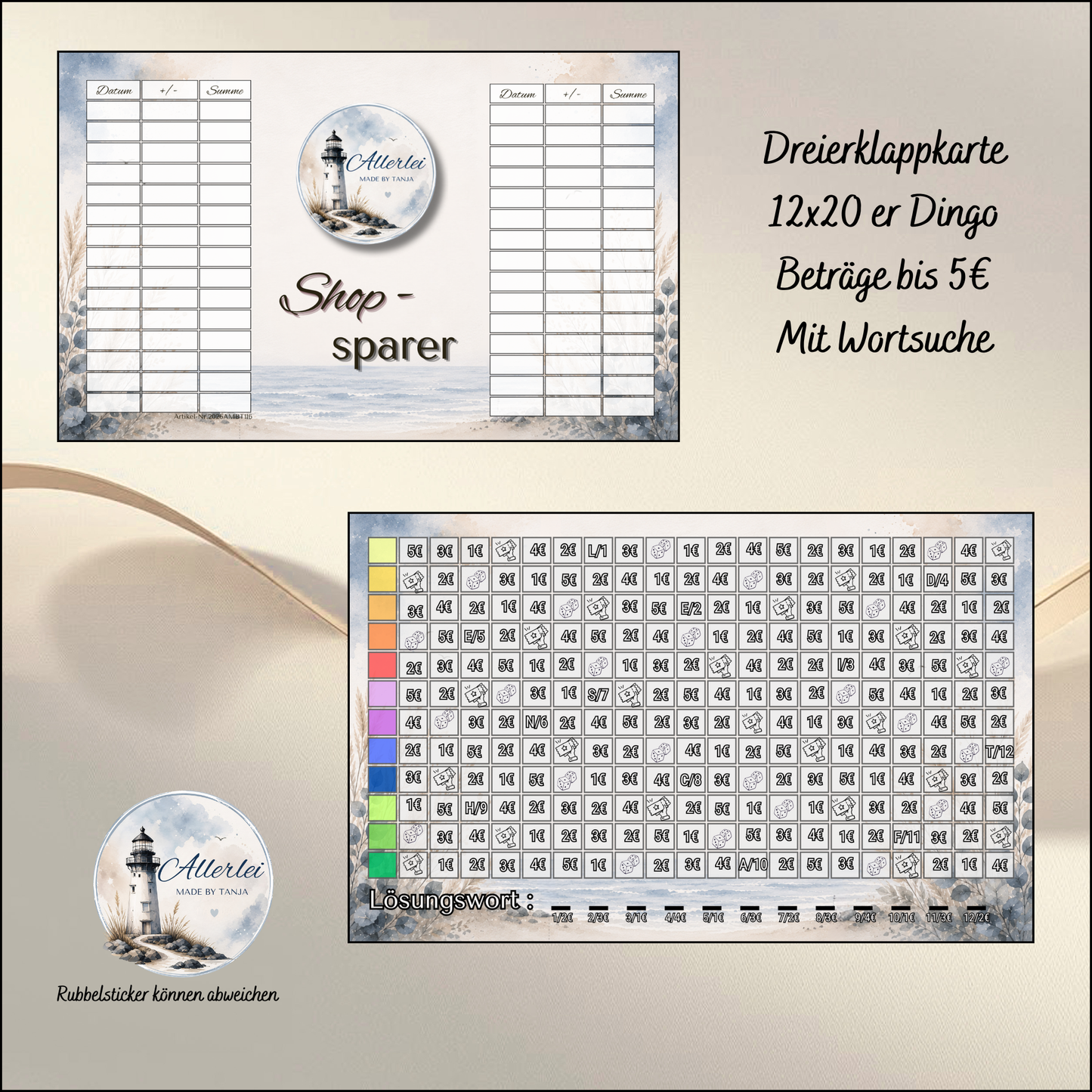 Dreierklappkarte "Shop-Sparer" | Sparchallenge | 12 × 20 Felder | Dingo | Mit Wortsuche