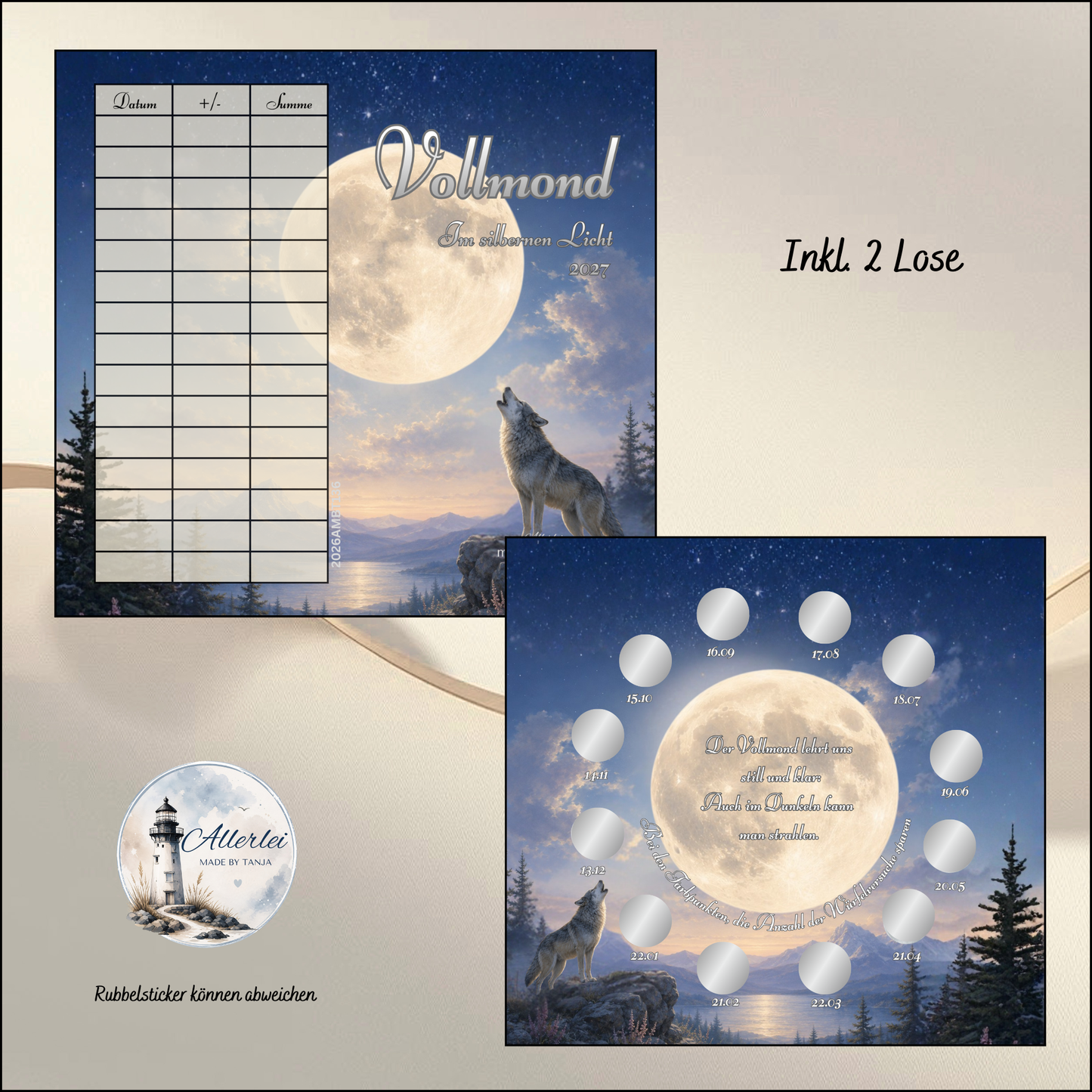 Sparchallenge „Vollmond – Im silbernen Licht 2027“ | Jahreschallenge mit 12 Rubbelfeldern & 2 Losen | Budget Challenge