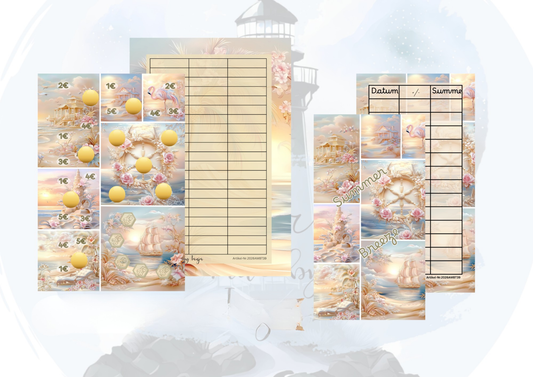 Summer Breeze Sparchallenge – kreative Sparchallenge im Stranddesign | Rubbelfelder, Würfel & Abstreichbeträge | Budget Binder