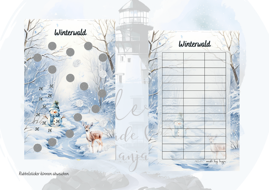 Winterwald | Wiederverwendbare Multi-Sparchallenge | Rubbeln, Würfeln & Abstreichen | Folienkaschiert
