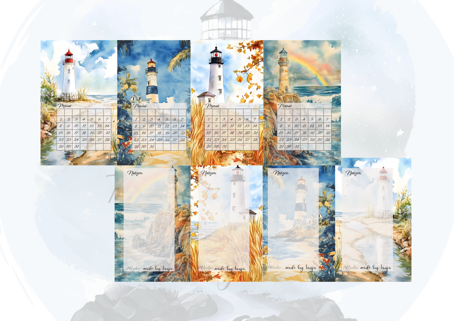 Binder Kalender im Leuchtturm Design – wiederverwendbarer Monatskalender | laminiert | mit Notizseite