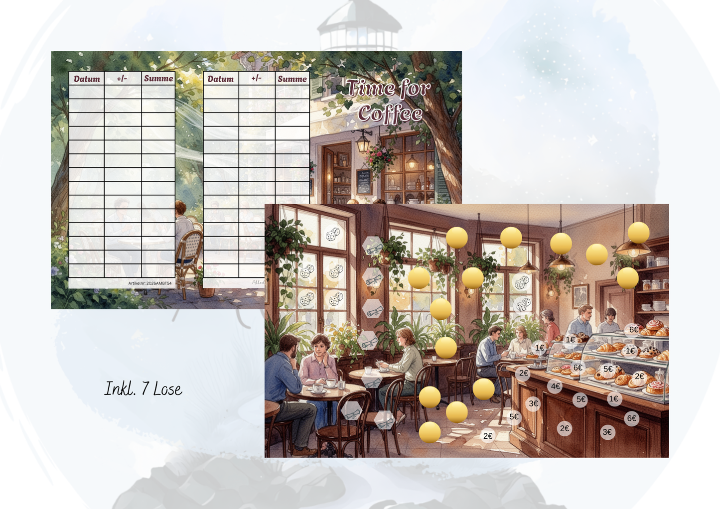 Time for Coffee Sparchallenge – Sparspiel mit Rubbelfeldern, Würfeln & Losen | Geld sparen Challenge | inkl. 7 Lose