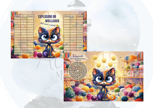 Explosion im Wolllager – Sparchallenge mit Rubbelfeldern, Würfelspiel & Labyrinth | Katzen Sparspiel | Geld sparen Challenge