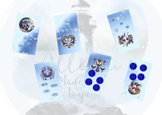 B-Ware Sternzeichen Mini Binder Mini Sparchallenge – Sparspiel mit Rubbelfeldern, Würfelspiel, Farbwürfeln & Rechen-Challenge | Sparbeträge bis 5€