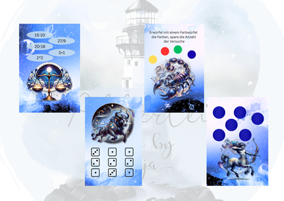 B-Ware Sternzeichen Sparchallenge – Sparspiel für Aufsteller mit Rubbeln, Würfeln & Losen | Geld sparen Spiel | Sternzeichen Design