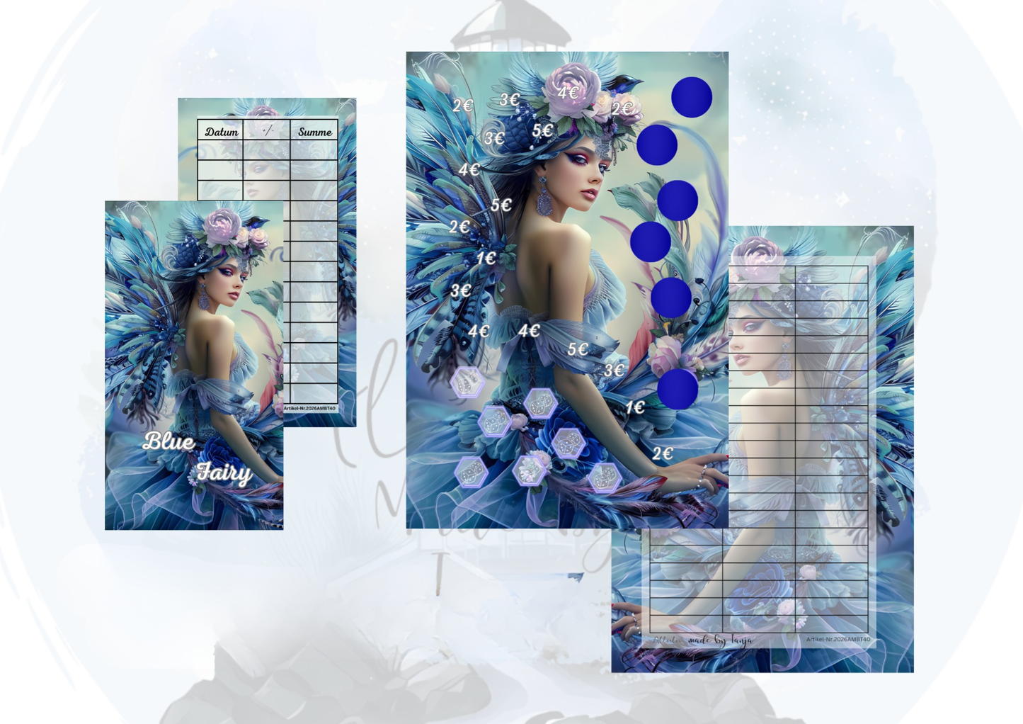 Blue Fairy Sparchallenge – magische Budget Binder Sparchallenge mit Rubbelfeldern & Würfeln | inkl. Dashboard