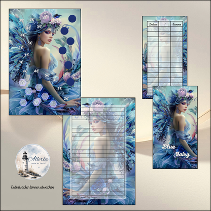 Blue Fairy Sparchallenge – magische Budget Binder Sparchallenge mit Rubbelfeldern & Würfeln | inkl. Dashboard
