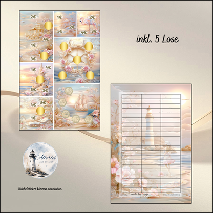 Summer Breeze Sparchallenge – kreative Sparchallenge im Stranddesign | Rubbelfelder, Würfel & Abstreichbeträge | Budget Binder