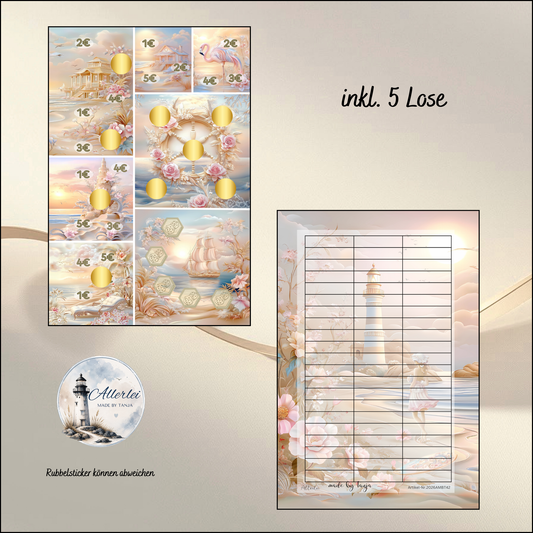 Summer Breeze Sparchallenge – kreative Sparchallenge im Stranddesign | Rubbelfelder, Würfel & Abstreichbeträge | Budget Binder