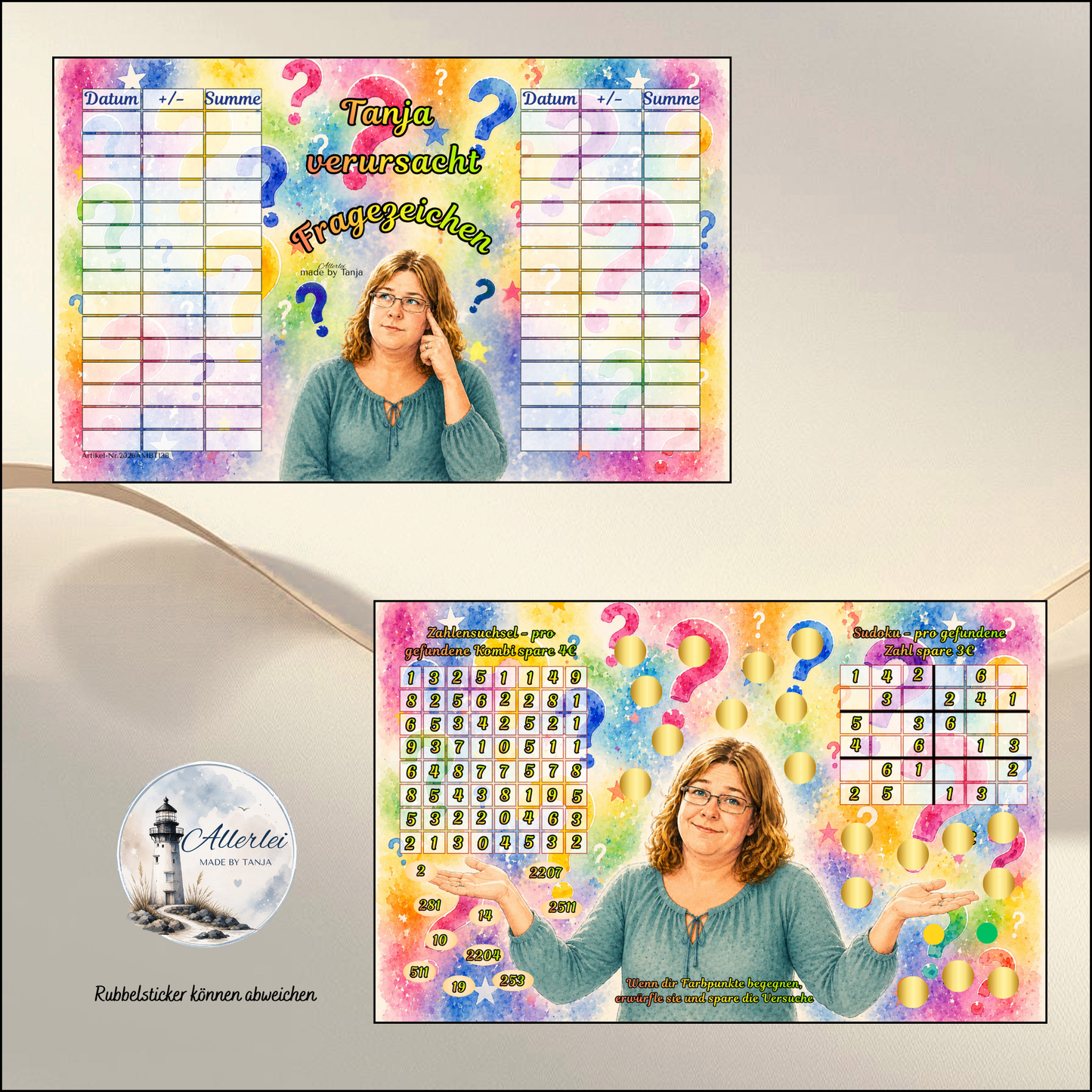 Sparchallenge „Tanja verursacht Fragezeichen“ | Sudoku, Zahlensuchsel & Rubbelchallenge | 400 g Papier | Budget Challenge