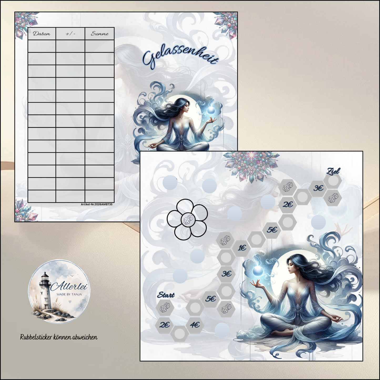 Sparchallenge Set – Innere Kraft, Gleichmut, Gelassenheit & Ruhe | Rubbel, Würfel & Lose Sparspiel | Budget Binder Geld sparen