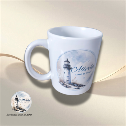 Weiße Keramiktasse mit Shoplogo