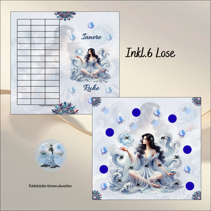 Sparchallenge Set – Innere Kraft, Gleichmut, Gelassenheit & Ruhe | Rubbel, Würfel & Lose Sparspiel | Budget Binder Geld sparen